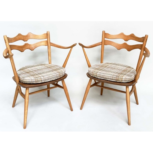 410 - ERCOL ARMCHAIRS, a pair, 1970s beechwood and elm (retaining original cushions), 60cm W. (2)