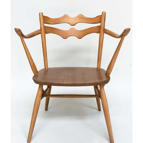 410 - ERCOL ARMCHAIRS, a pair, 1970s beechwood and elm (retaining original cushions), 60cm W. (2)