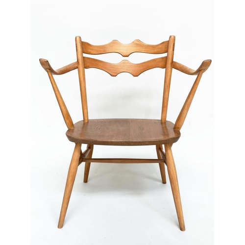 410 - ERCOL ARMCHAIRS, a pair, 1970s beechwood and elm (retaining original cushions), 60cm W. (2)