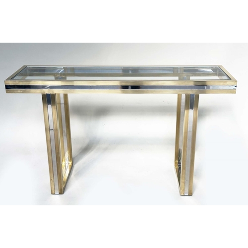 411 - ATTRIBUTED TO ROMEO REGA CONSOLE TABLE, glass and brass, 130cm W x 37cm D x 76cm H.