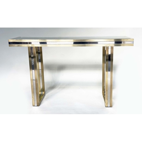 411 - ATTRIBUTED TO ROMEO REGA CONSOLE TABLE, glass and brass, 130cm W x 37cm D x 76cm H.