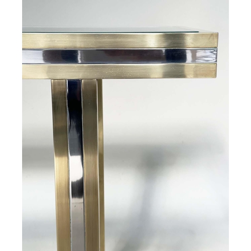 411 - ATTRIBUTED TO ROMEO REGA CONSOLE TABLE, glass and brass, 130cm W x 37cm D x 76cm H.