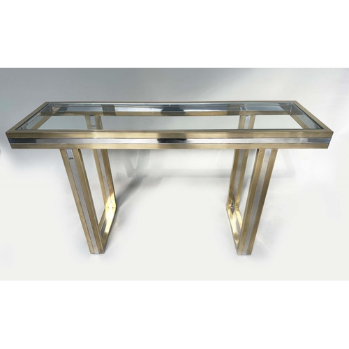 411 - ATTRIBUTED TO ROMEO REGA CONSOLE TABLE, glass and brass, 130cm W x 37cm D x 76cm H.