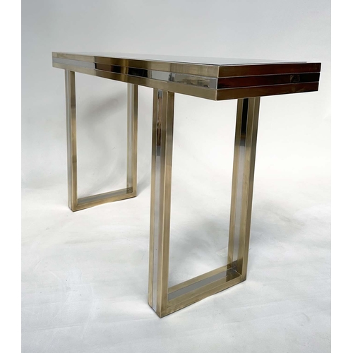 411 - ATTRIBUTED TO ROMEO REGA CONSOLE TABLE, glass and brass, 130cm W x 37cm D x 76cm H.