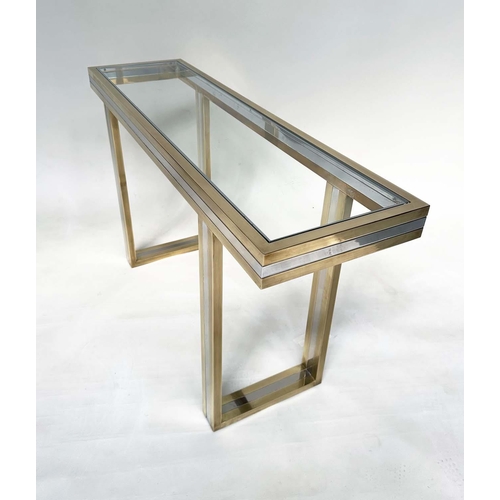 411 - ATTRIBUTED TO ROMEO REGA CONSOLE TABLE, glass and brass, 130cm W x 37cm D x 76cm H.