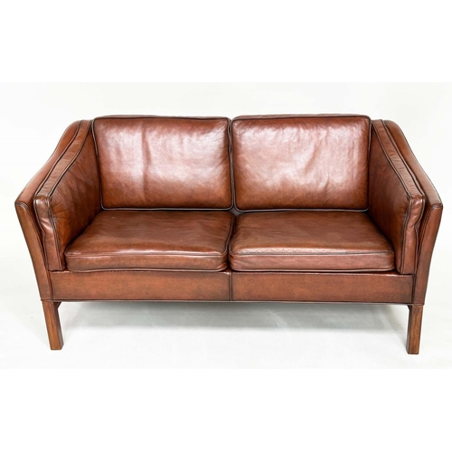 414 - SOFA, 1970s Danish style, hand finished soft mid-brown leather upholstered with stretchered supports... 