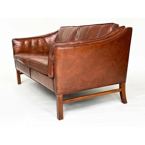 414 - SOFA, 1970s Danish style, hand finished soft mid-brown leather upholstered with stretchered supports... 