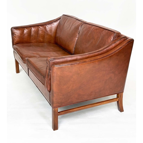 414 - SOFA, 1970s Danish style, hand finished soft mid-brown leather upholstered with stretchered supports... 