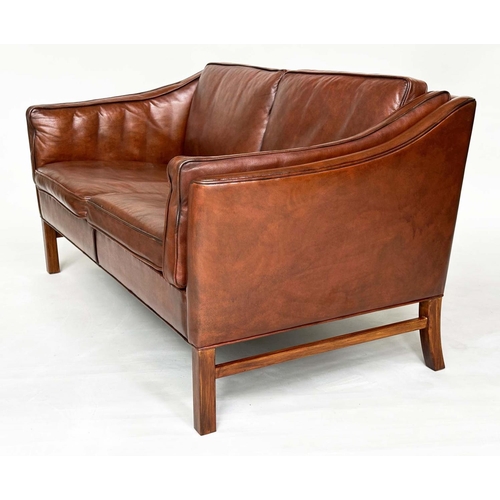 414 - SOFA, 1970s Danish style, hand finished soft mid-brown leather upholstered with stretchered supports... 