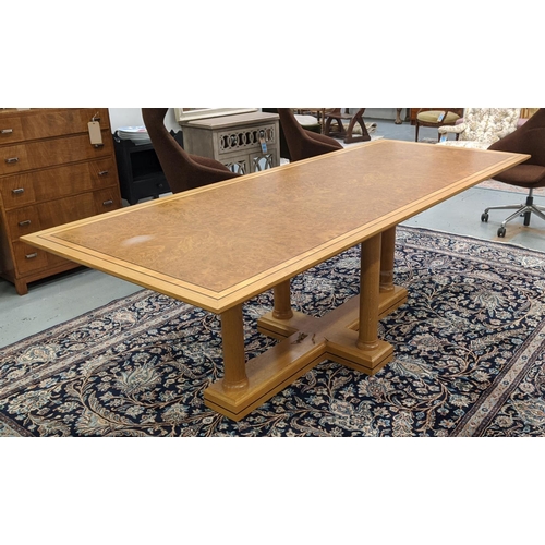 416 - LINLEY DINING TABLE, burr walnut with inlaid and gloss banded detail, 79cm H x 249cm L x 99cm W.