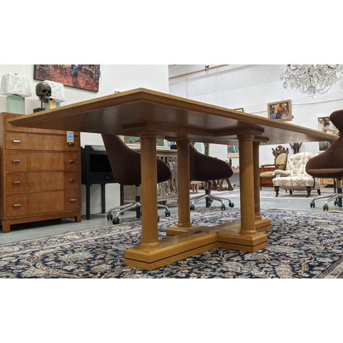 416 - LINLEY DINING TABLE, burr walnut with inlaid and gloss banded detail, 79cm H x 249cm L x 99cm W.