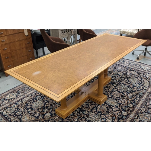 416 - LINLEY DINING TABLE, burr walnut with inlaid and gloss banded detail, 79cm H x 249cm L x 99cm W.