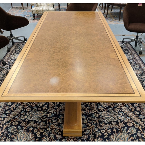 416 - LINLEY DINING TABLE, burr walnut with inlaid and gloss banded detail, 79cm H x 249cm L x 99cm W.