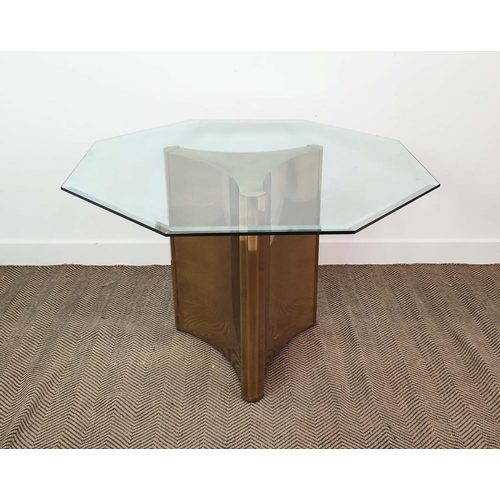 418 - CENTRE TABLE, vintage 1970s, with an octagonal bevelled glass top on a triform brass base, purchased... 