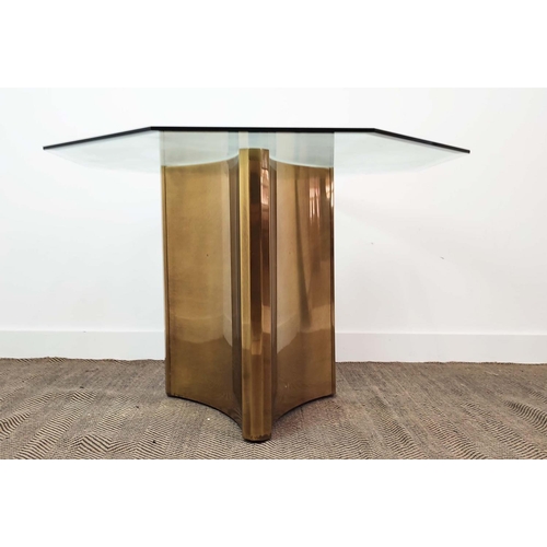 418 - CENTRE TABLE, vintage 1970s, with an octagonal bevelled glass top on a triform brass base, purchased... 