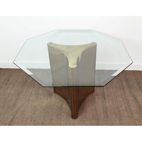 418 - CENTRE TABLE, vintage 1970s, with an octagonal bevelled glass top on a triform brass base, purchased... 