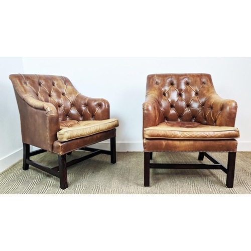 426 - GEORGE SMITH ARMCHAIRS, a pair, faded and buttoned brown leather, 91cm H x 73cm W. (2)