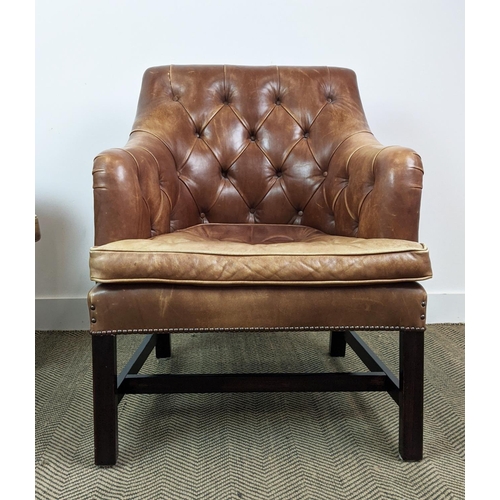 426 - GEORGE SMITH ARMCHAIRS, a pair, faded and buttoned brown leather, 91cm H x 73cm W. (2)