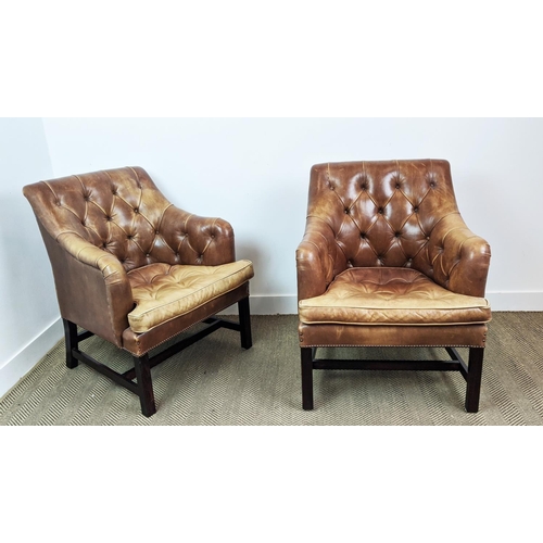 426 - GEORGE SMITH ARMCHAIRS, a pair, faded and buttoned brown leather, 91cm H x 73cm W. (2)