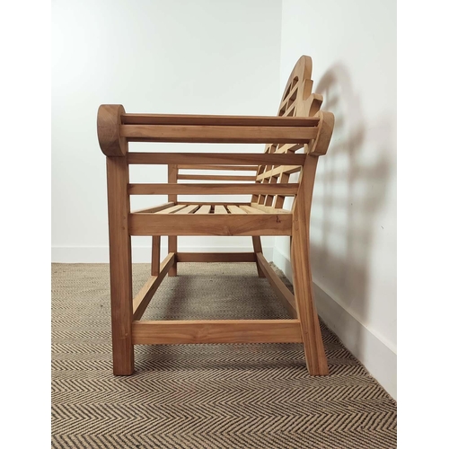 431 - LUTYENS STYLE BENCH, teak, 104cm H x 165cm W x 63cm D.