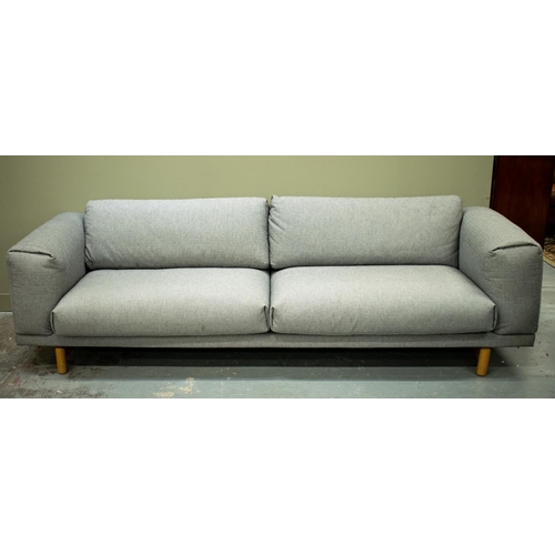 451 - SOFA, light grey fabric with loose seat and back cushions on oak legs, 76cm H x 265cm W x 101cm D.