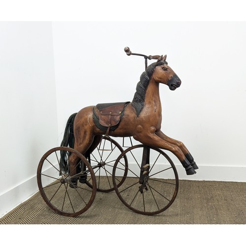 283 - HORSE TRICYCLE, antique style painted, iron and leather, 92cm H x 44cm W x 93cm L.