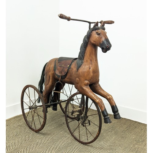 283 - HORSE TRICYCLE, antique style painted, iron and leather, 92cm H x 44cm W x 93cm L.