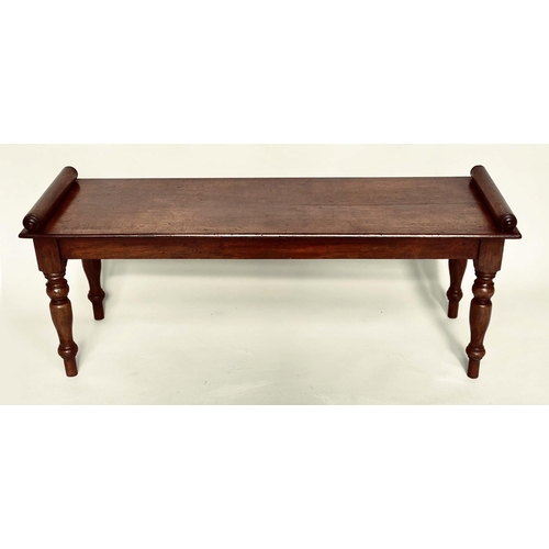 299 - HALL BENCH, early 19th century mahogany rectangular with finely turned bolsters and tapering support... 