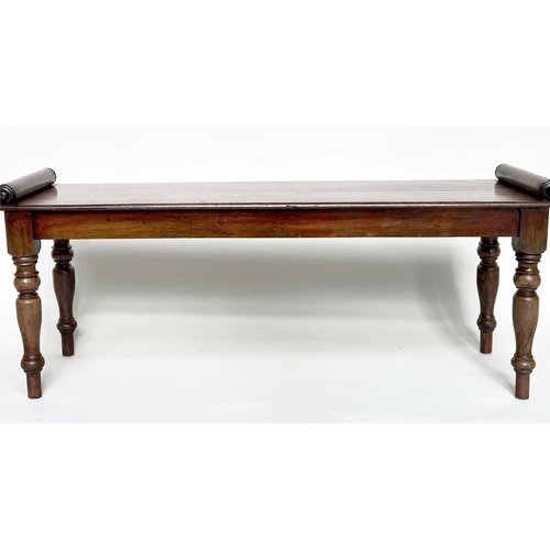 299 - HALL BENCH, early 19th century mahogany rectangular with finely turned bolsters and tapering support... 