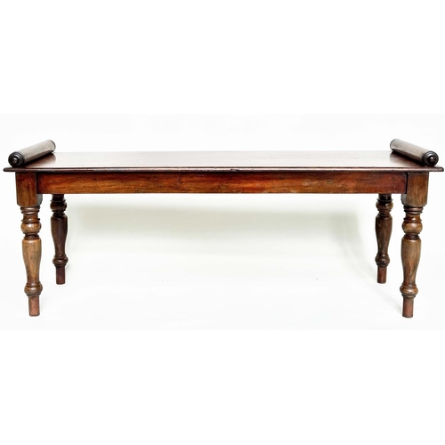 299 - HALL BENCH, early 19th century mahogany rectangular with finely turned bolsters and tapering support... 