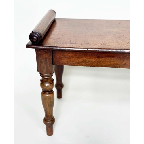 299 - HALL BENCH, early 19th century mahogany rectangular with finely turned bolsters and tapering support... 