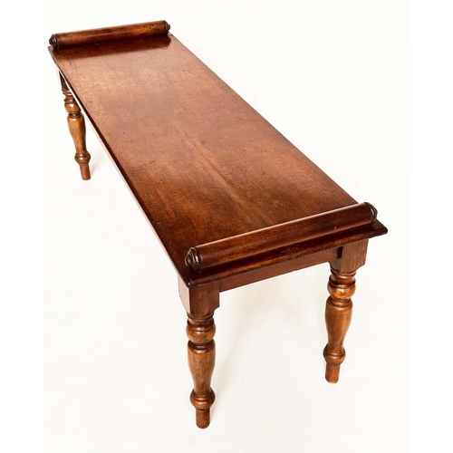 299 - HALL BENCH, early 19th century mahogany rectangular with finely turned bolsters and tapering support... 