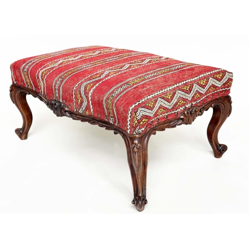 458 - KELIM HEARTH STOOL, Victorian rosewood with Turkoman kelim brass studded upholstery, 77cm W x 50cm D... 