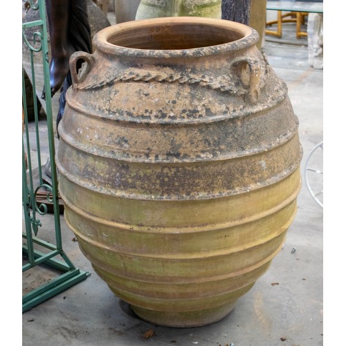 463 - GARDEN/OLIVE JAR AMPHORA, large vintage well weathered terracotta with handles, swags and ridges, 87... 