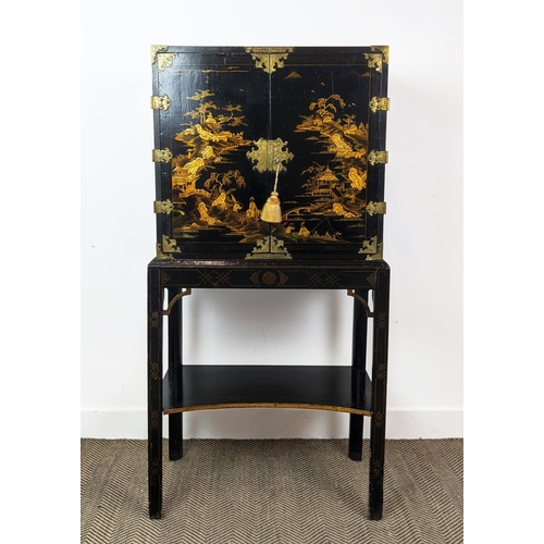 295 - CABINET ON STAND, George III and later black Japanned and gilt decorated with incised brass hinges, ... 