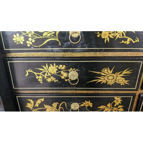 295 - CABINET ON STAND, George III and later black Japanned and gilt decorated with incised brass hinges, ... 