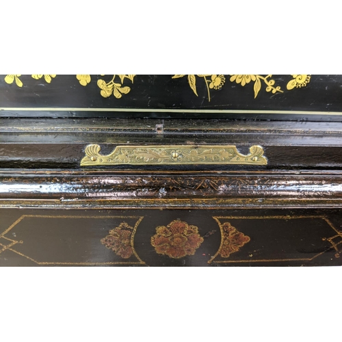 295 - CABINET ON STAND, George III and later black Japanned and gilt decorated with incised brass hinges, ... 