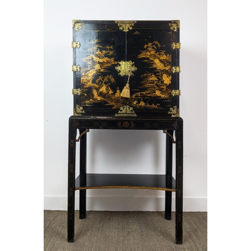 295 - CABINET ON STAND, George III and later black Japanned and gilt decorated with incised brass hinges, ... 