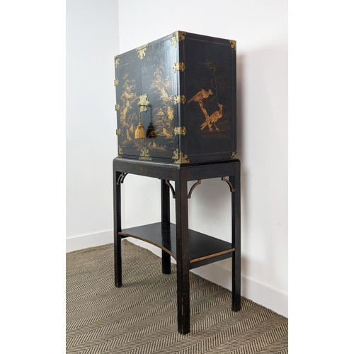 295 - CABINET ON STAND, George III and later black Japanned and gilt decorated with incised brass hinges, ... 