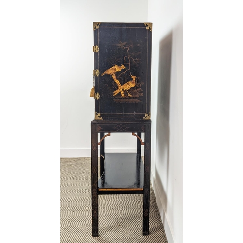 295 - CABINET ON STAND, George III and later black Japanned and gilt decorated with incised brass hinges, ... 