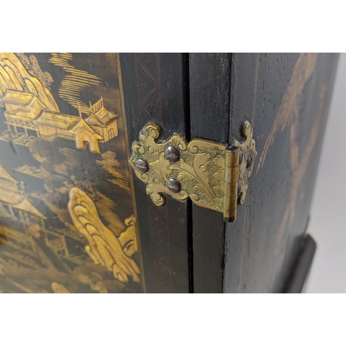 295 - CABINET ON STAND, George III and later black Japanned and gilt decorated with incised brass hinges, ... 