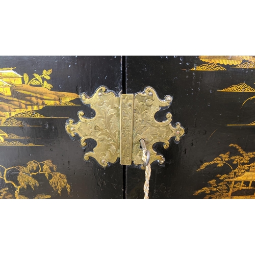 295 - CABINET ON STAND, George III and later black Japanned and gilt decorated with incised brass hinges, ... 