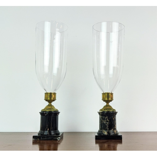 348 - ATTRIBUTED TO VAUGHAN HURRICAN LANTERNS, a pair, with glass shades and marble bases, 50.5cm H approx... 