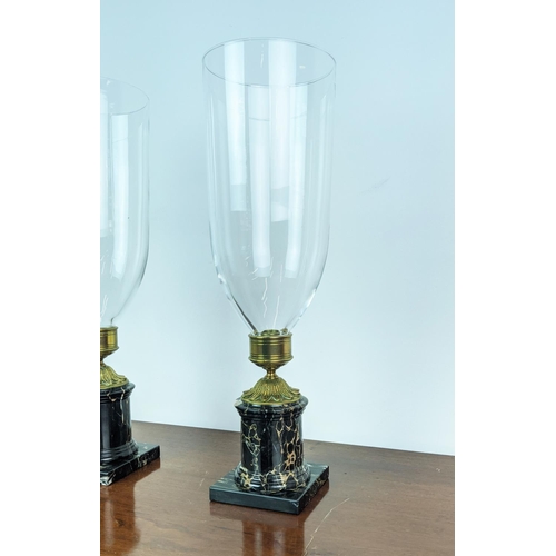 348 - ATTRIBUTED TO VAUGHAN HURRICAN LANTERNS, a pair, with glass shades and marble bases, 50.5cm H approx... 