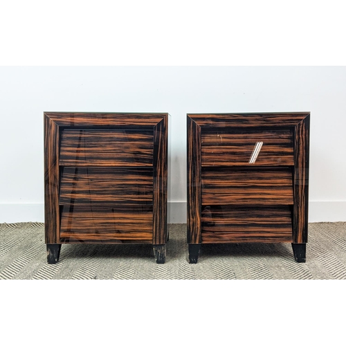 357 - SIDE CHESTS, a pair, faux macassar finished glass, with three drawers to each, 46cm x 30.5cm x 58.5c... 