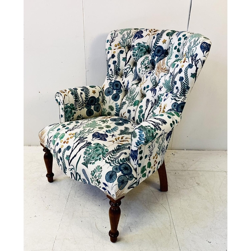 363 - ARMCHAIR, Victorian style, with aquatic plant design upholstery on turned supports, 93cm H x 72cm W ... 