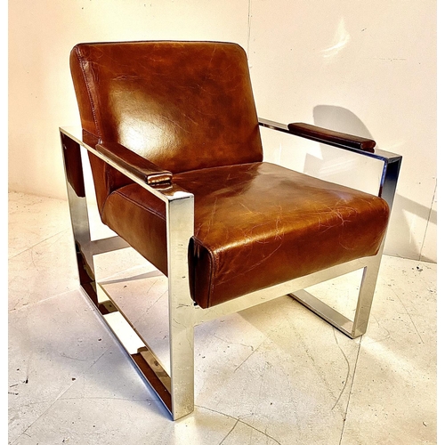 365 - ARMCHAIR, Bauhaus style, tan leather and chrome, 70cm H x 73cm W x 61cm D.