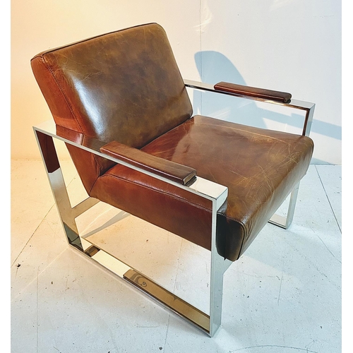 365 - ARMCHAIR, Bauhaus style, tan leather and chrome, 70cm H x 73cm W x 61cm D.