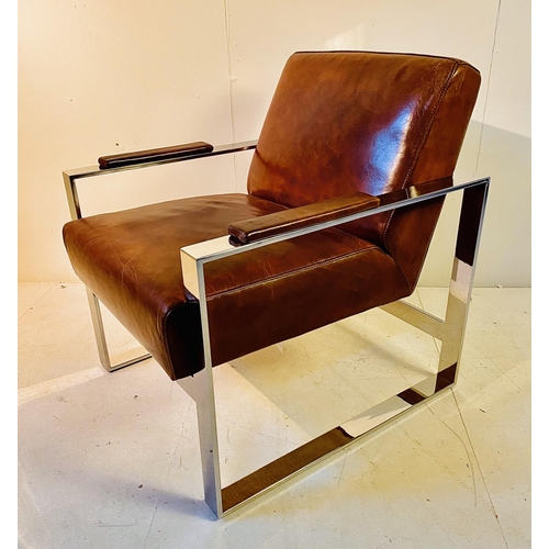 365 - ARMCHAIR, Bauhaus style, tan leather and chrome, 70cm H x 73cm W x 61cm D.