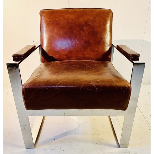 365 - ARMCHAIR, Bauhaus style, tan leather and chrome, 70cm H x 73cm W x 61cm D.